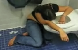 Girl Passed Out Drunk on Toilet Bowl